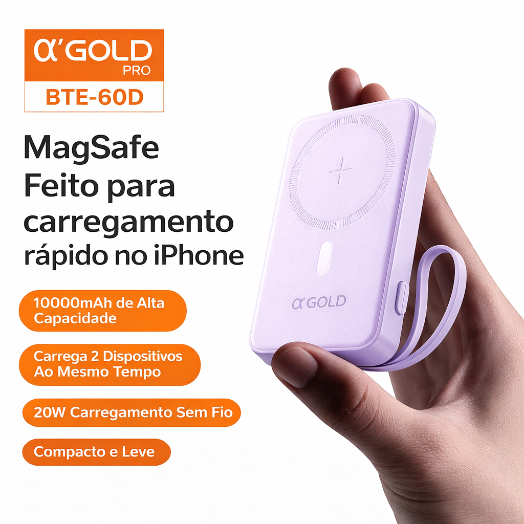 Power Bank Magnético 10000mAh 22.5W Carregador Sem Fio MagSafe Para iPhone Portátil A'Gold BTE-60D