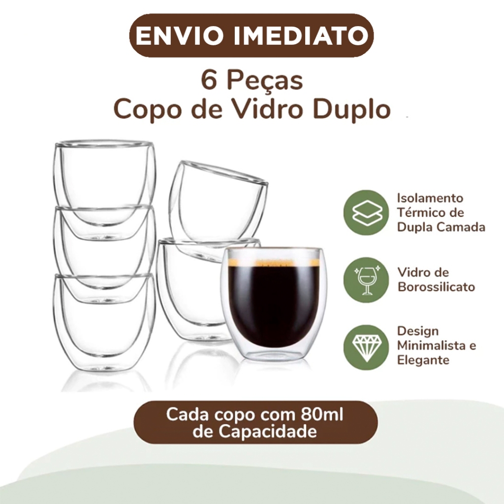 Conjunto 6 Copos P/ Café Parede Dupla De Vidro 80ml Borossilicato em Oferta na Shopee