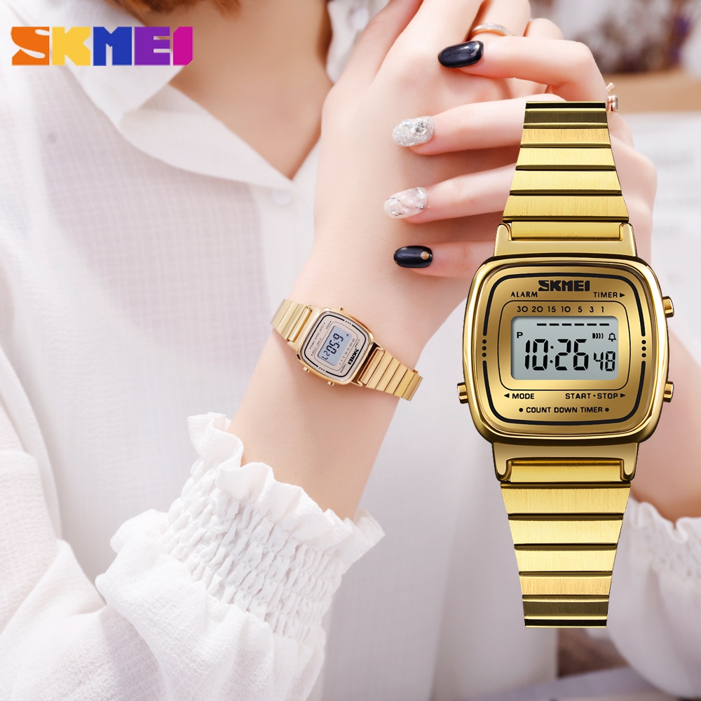 SKMEI 1901 Relógio Esportivo FemininodeLuxo Eletrônico Impermeável de AçoInoxidá