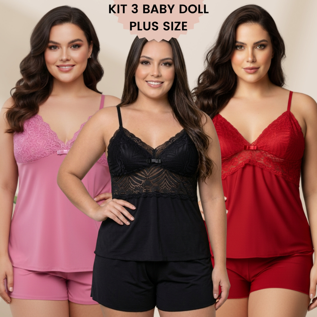 Kit Baby Doll Short Plus Size Variados Lisos Confortável Renda Alça 50 a 54 Pijama de Dormir em Oferta na Shopee