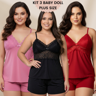 Kit Baby Doll Short Plus Size Variados Lisos Confortável Renda Alça 50 a 54 Pijama de Dormir em Oferta na Shopee