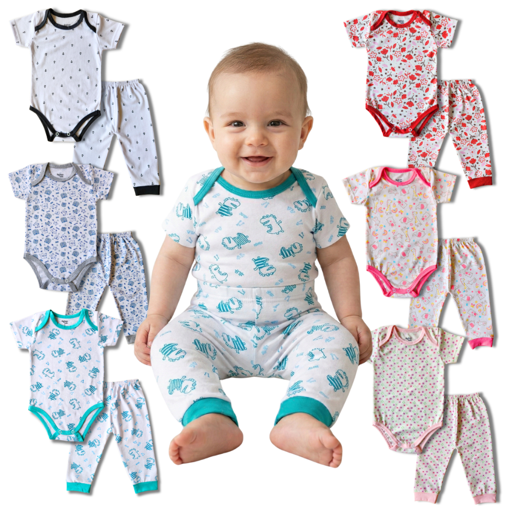 Conjunto Body Manga Curta e Calça Malha Estampado Para Bebê em Oferta na Shopee