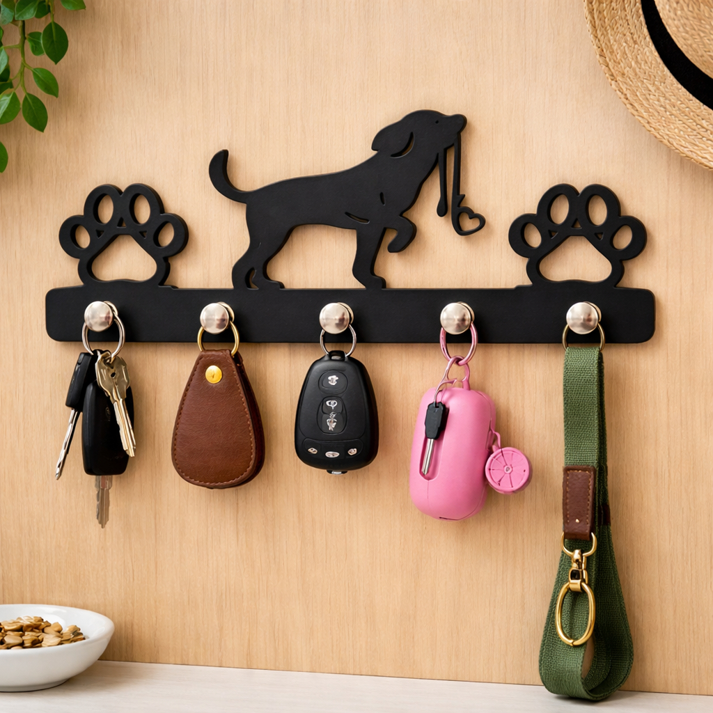 Porta Chaves Decorativo De Pets Preto em MDF com Pinos de Metal