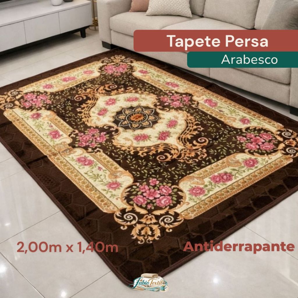 Tapete Persa Arabesco 2,00m x 1,40m Antiderrapante Decorativo Sala Luxo