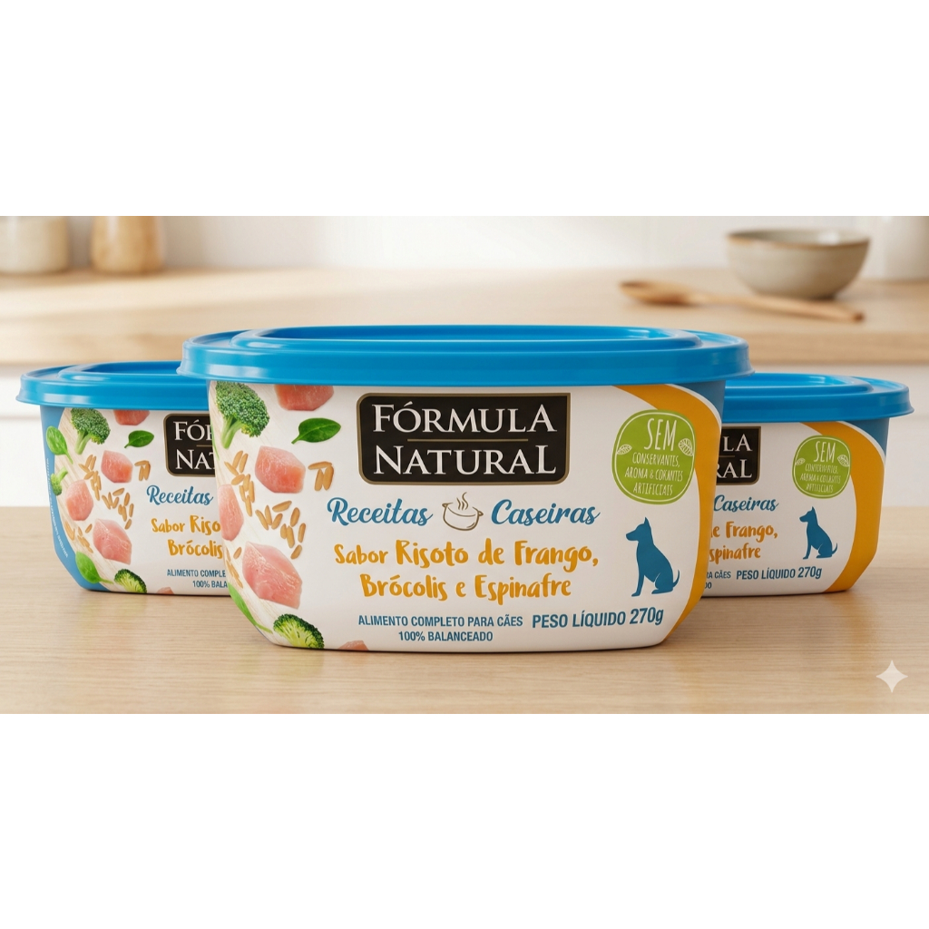Kit 3 Unidades Ração Úmida Fórmula Natural Receitas Caseiras Cães Adultos 270g - Risoto de Frango, Brócolis e Espinafre