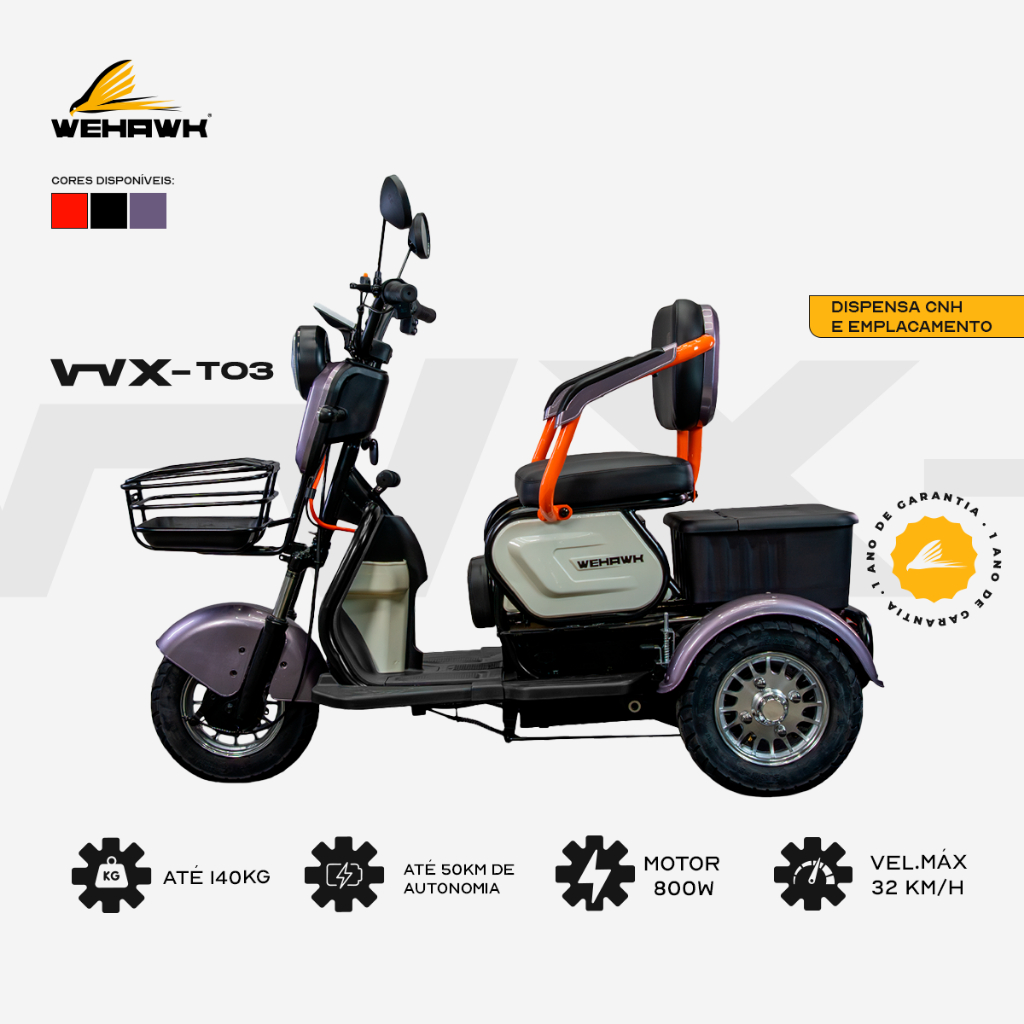 Triciclo Elétrico 3 Lugares Wehawk WX-T03 Motor 800W Bateria Chumbo 48V 20Ah OFF WHITE em Oferta na Shopee