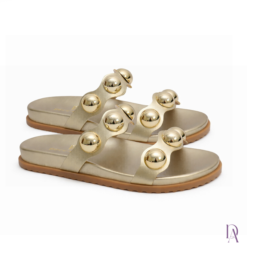Papete Feminino Dourada Ouro Light Duas Tiras Com Aplicações Bolas Confortável e Estilosa