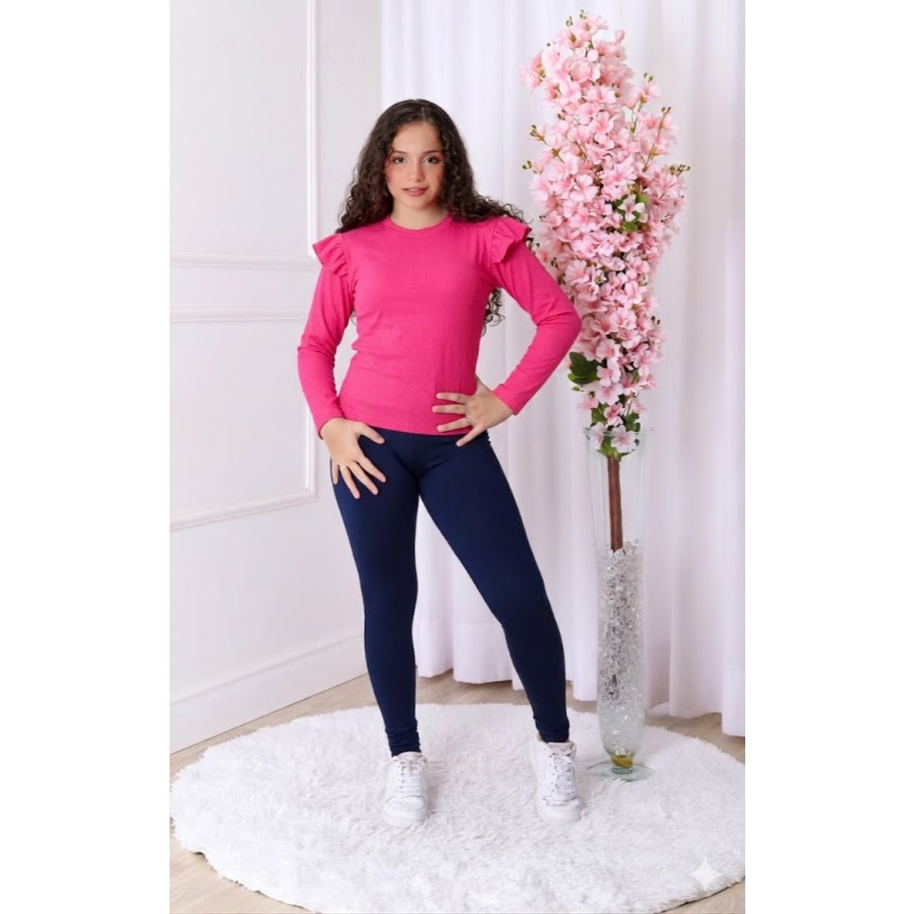 Conjunto de 2 Peças com Blusa Babado e Calça Legging Feminina Infantil e Juvenil para Meninas e Adolescentes Jovens