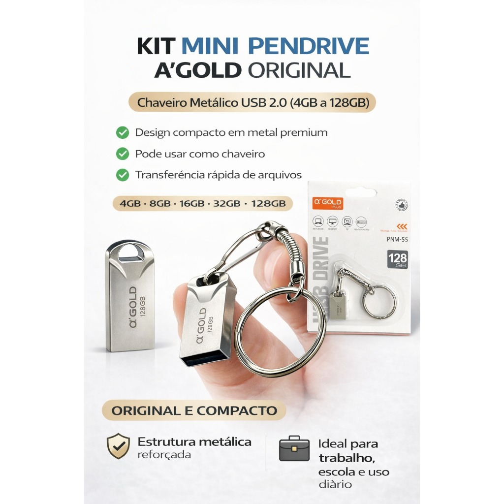 KIT Mini Pendrive Chaveiro Metálico USB 2.0 4GB 8G 16G 32G 64G 128GB 🔑💾 original A’GOLD