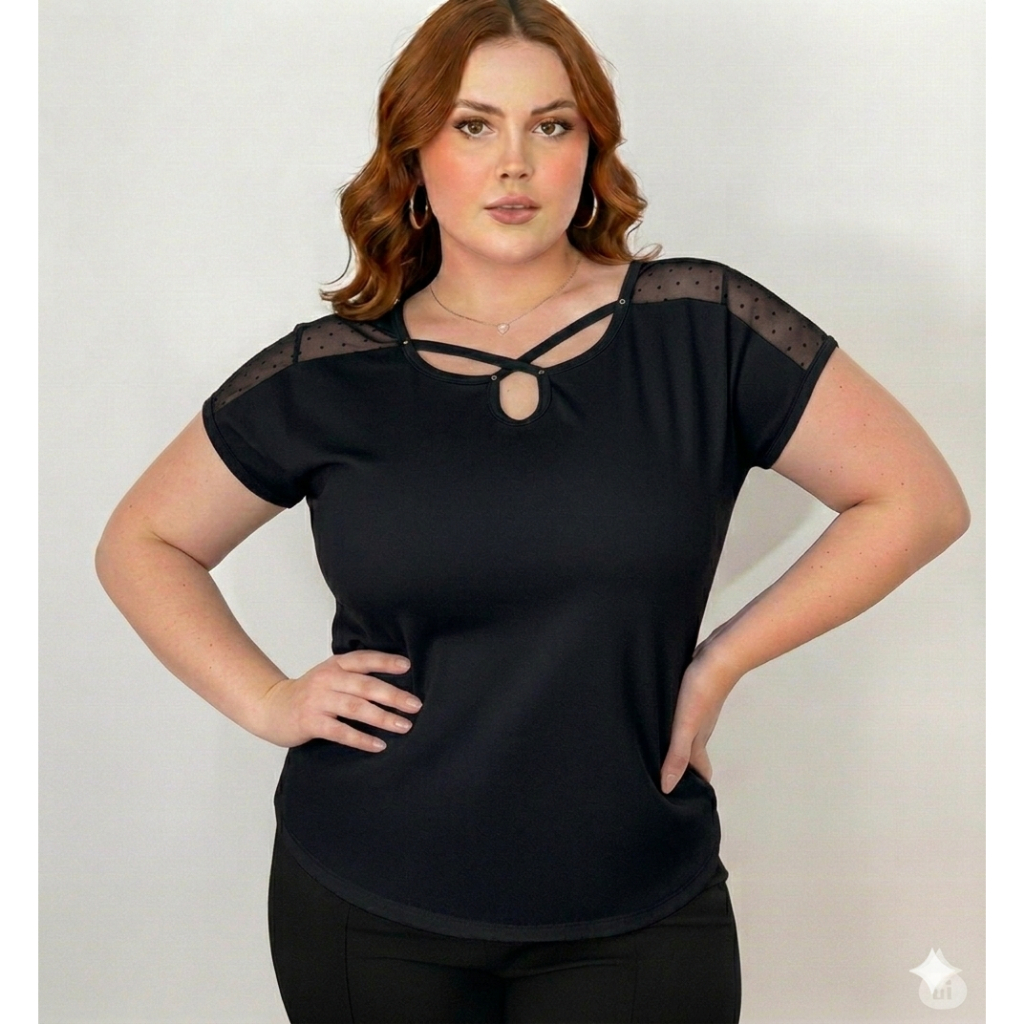 Blusinha plus size  feminina de manguinha com tule moda folgadinha elegante
