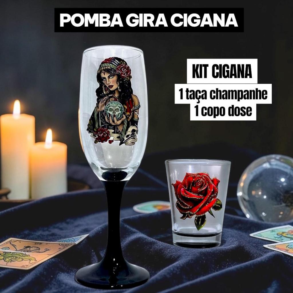 KIT CIGANA DOIS COPOS POMBA GIRA FUNDO PRETO - TAÇA GALLANT E COPO DOSE Taça Pombagira Umbanda Ritual Vidro para Firmeza