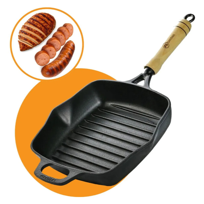 Frigideira Panela Bistequeira Alta De Ferro Fundido Cabo De Madeira Preto