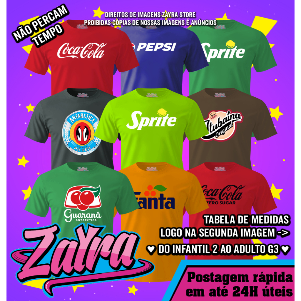 Camisetas Coca Cola - Sprite - Pepsi - Fanta - Guaraná (Do Infantil 2 ao Adulto G3) 100% Algodão