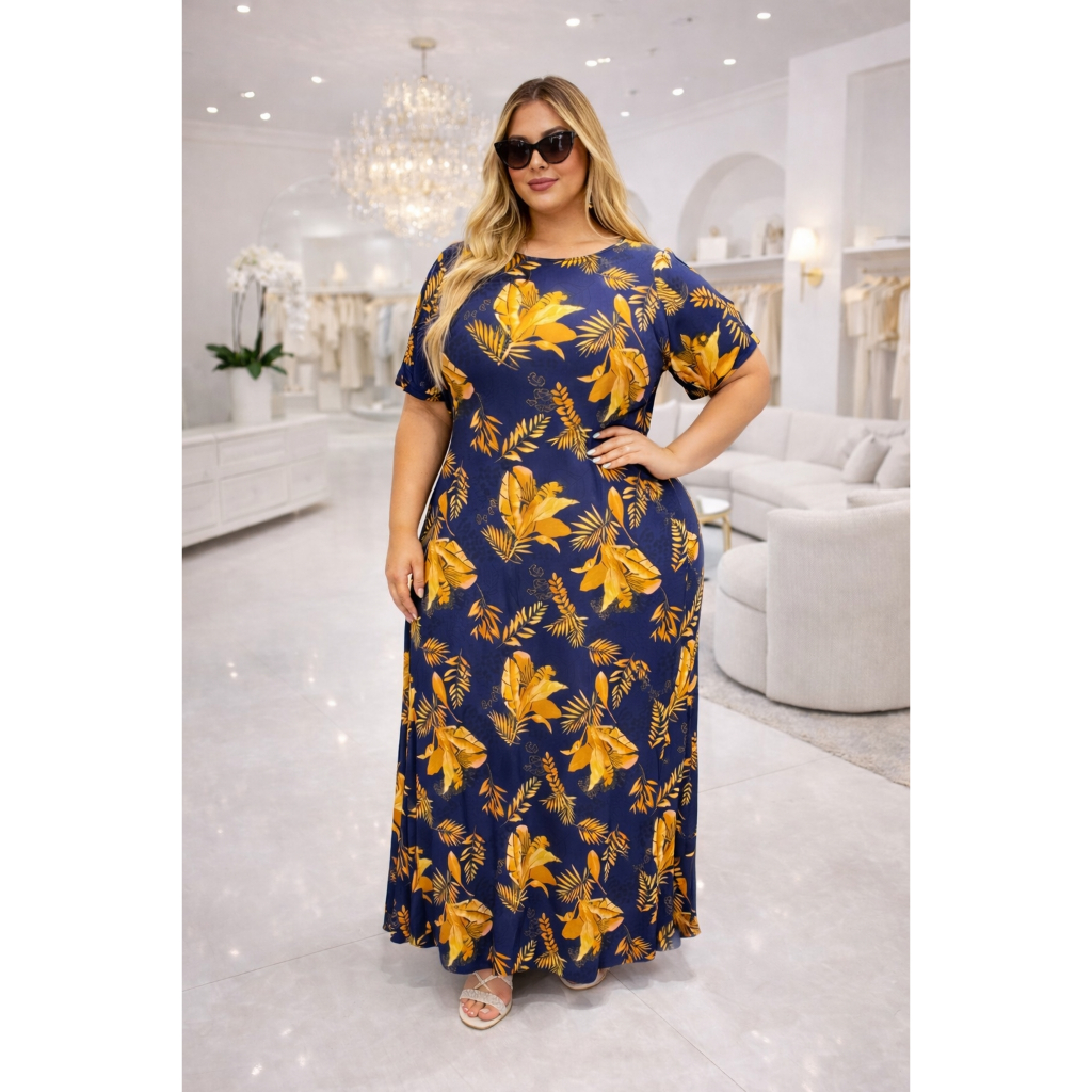 Vestido Feminino Longo Plus Size Estampado Premium Floral Festa Elegante Roupas Femininas