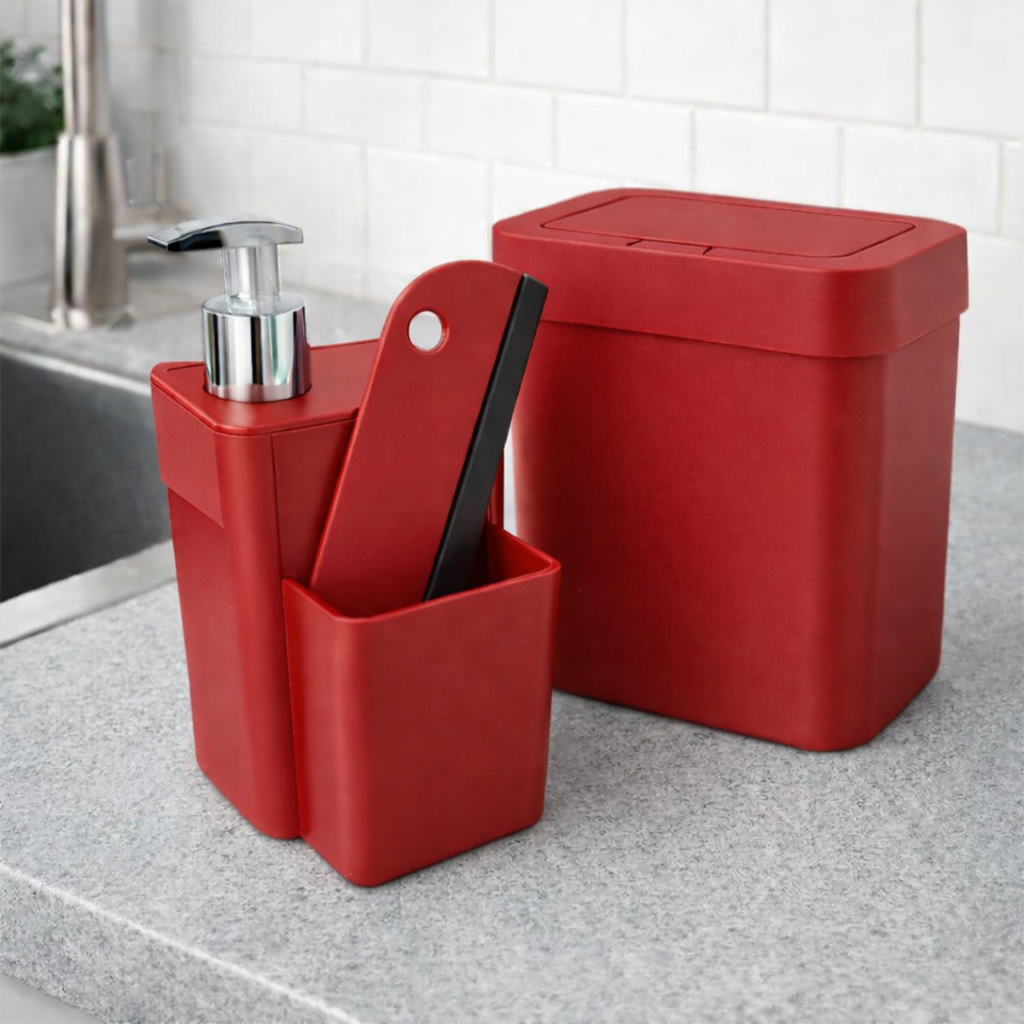 Kit Pia Cozinha Lixeira 4L + Dispenser Detergente + Rodinho - Compacto Sabão Organizador Bucha em Oferta na Shopee