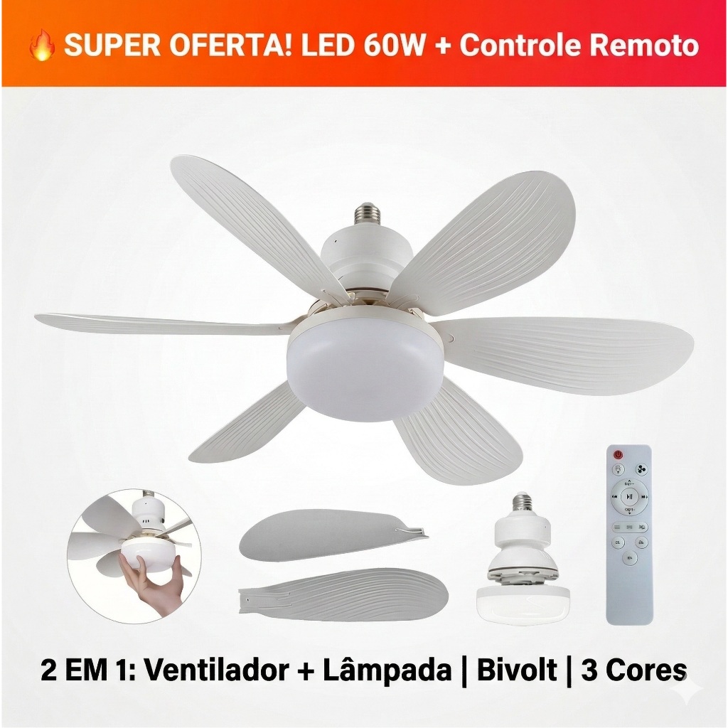 ! Lâmpada Ventilador Yagu LED 60w E27 Controle Remoto 2 em 1 Bivolt Silencioso Casa