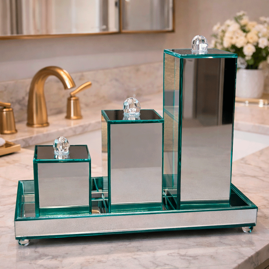 Kit Lavabo Completo Luxo Com Bandeja Banheiro Trio Organizador Espelhado Vidro 4 Peças Moderno