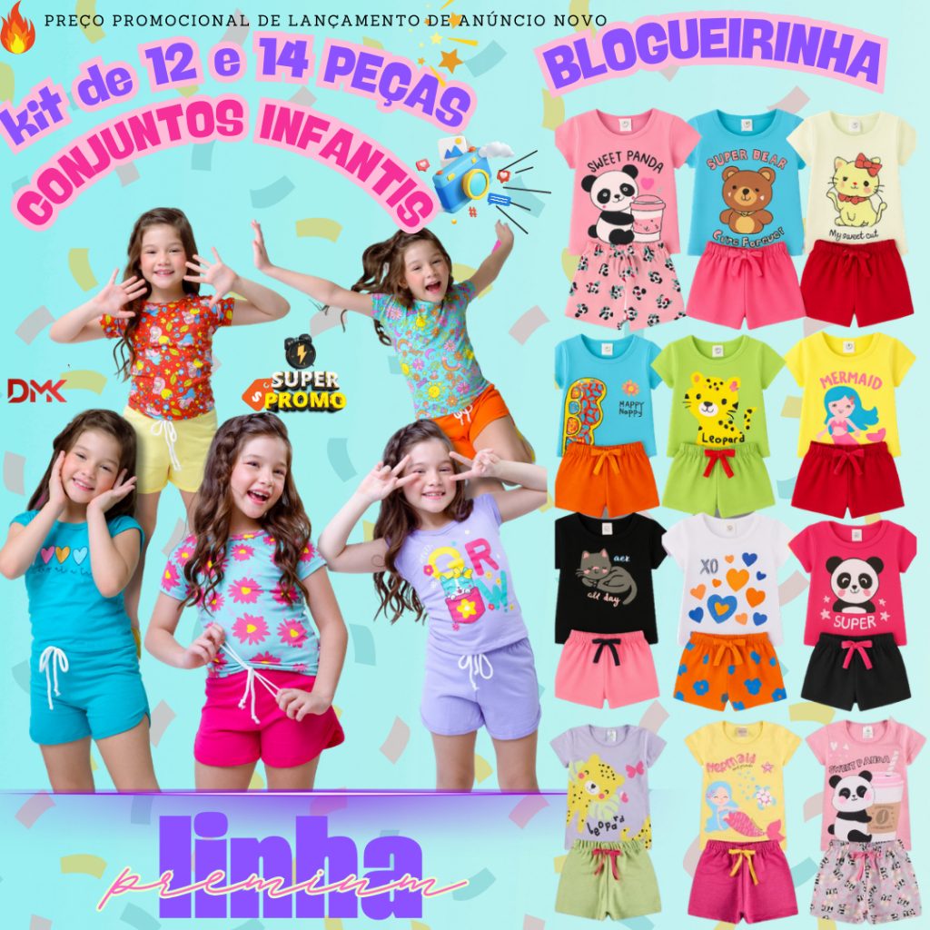 Kit 12/14 Conjunto Infantil Menina Verão Roupa Confortável Bebê Moda Feminino Criança