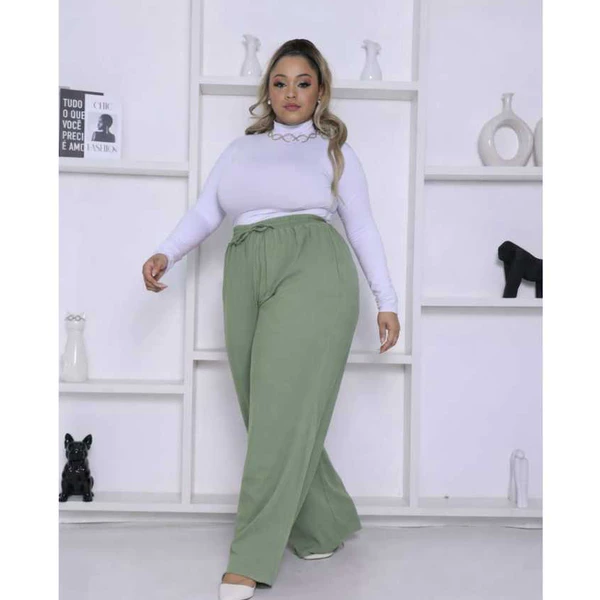 Calça Pantalona Feminina Plus Size Viscolinho Forrada Cintura Alta Com Bolsos Laterais Casual