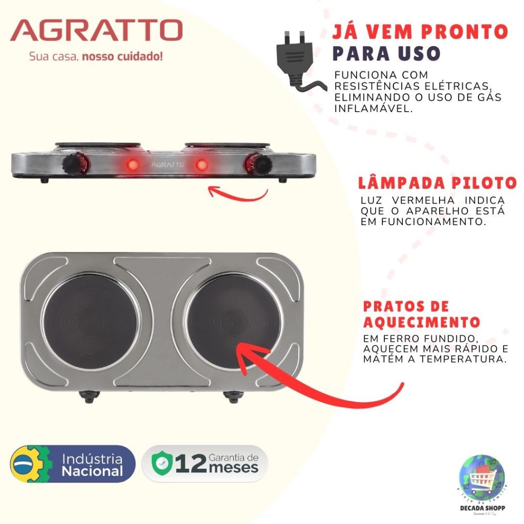 Fogão Elétrico Portátil Agratto 127V ou 220V 2000W 2 Pratos Inox Camping Viagem Fogareiro ou Cooktop — imagem 2 de 2