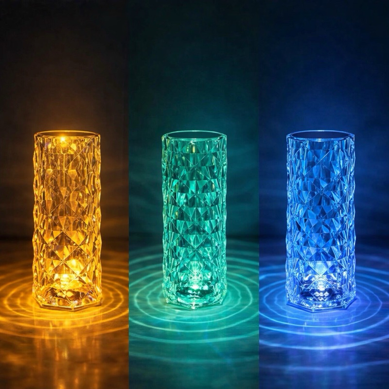 Luminária de Mesa Abajur Torre Cristal Diamante Led Multicores 360 Graus Controle Remoto Iluminação Decorativa USB 21cm