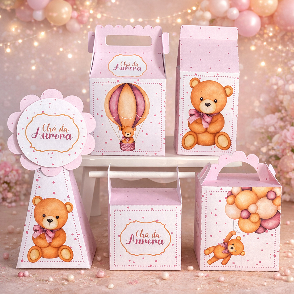 PEGUE E MONTE - Kit Festa Chá de Bebê Ursinha Rosa - Personalizados Lembrancinhas Caixinhas para festa infantil