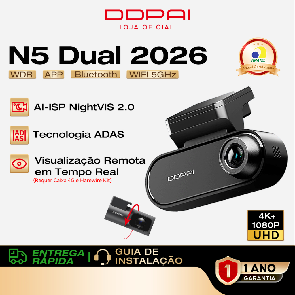 Câmera Veicular DDPAI N5 Dual 2026 Suporte a Monitoramento Remoto em Tempo Real 4K HDR +1080P WiFi 5G GPS G-Sensor