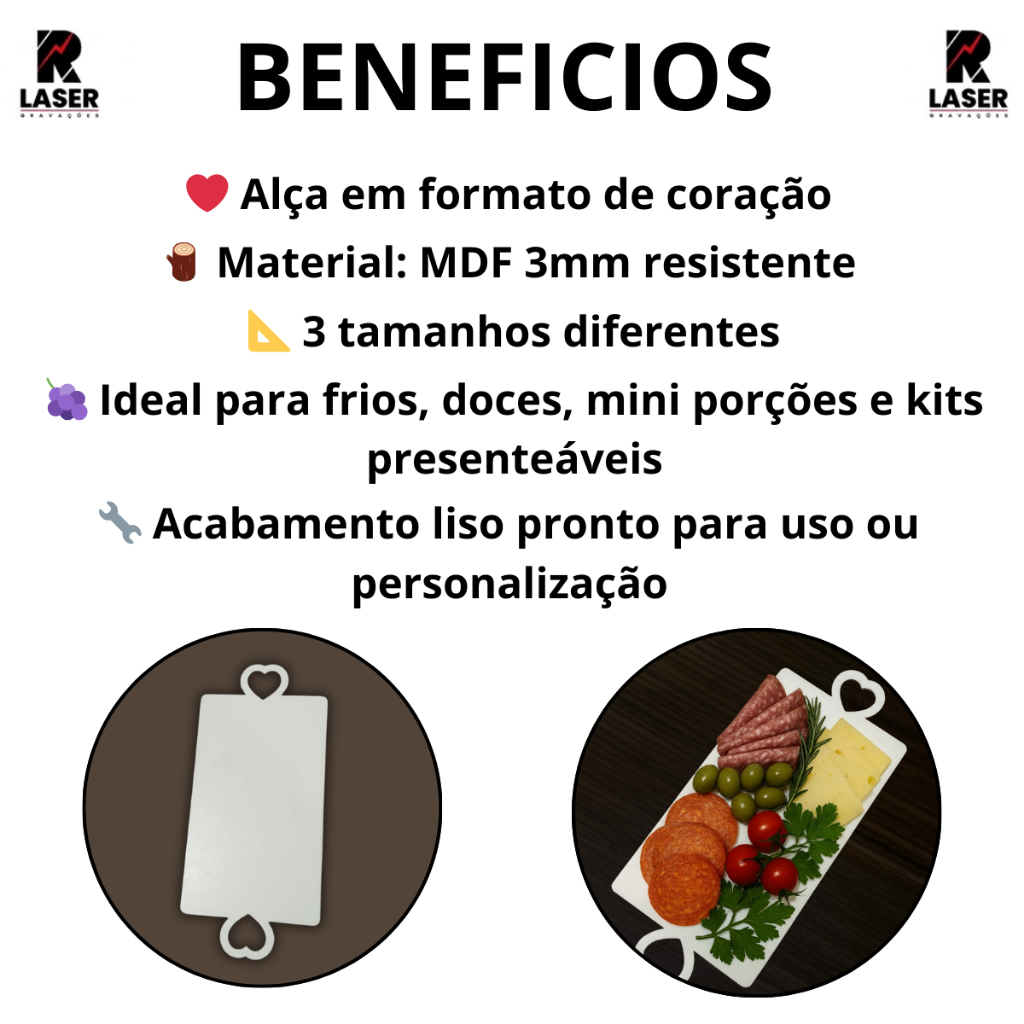 Kit 10 Tábuas de Corte Petisqueira Para Frios Alça de Coração 3mm — imagem 2 de 2