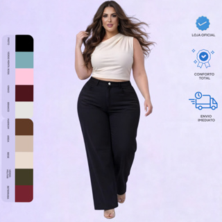 Calça Wide Leg Feminina Plus Size Sarja Cintura Alta Tamanhos 48 ao 54 Tamanho Grande  tendência em Oferta na Shopee