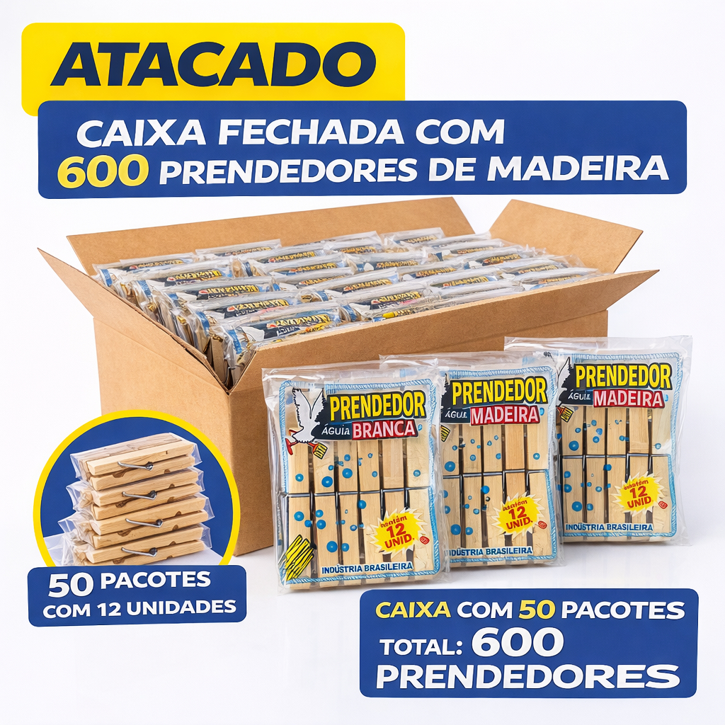 Prendedor Madeira Reforçado Pregador de Roupa Forte Varal Atacado Revenda Caixa 600 Unidades
