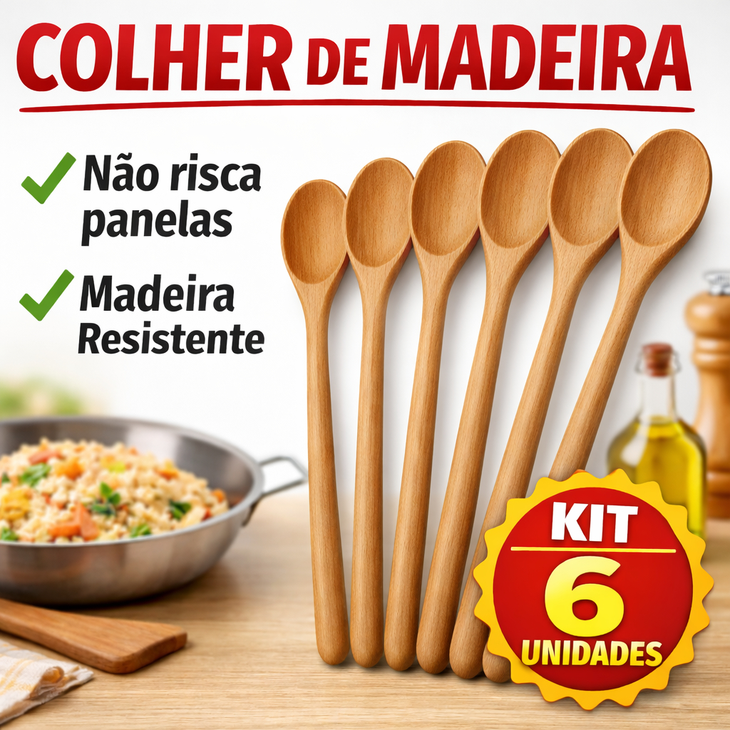 Kit 6 Colheres de Madeira Cozinha Colher de Pau Não Risca Panela Antiaderente