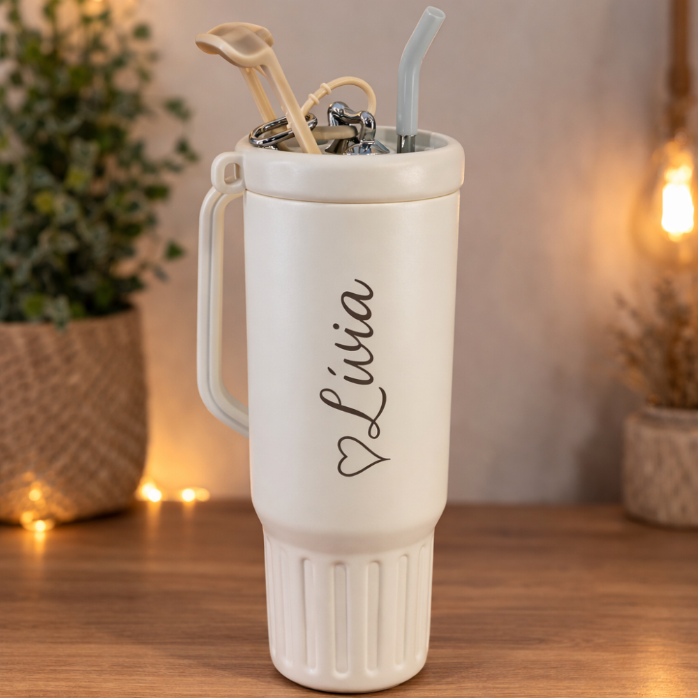 Copo Garrafa Térmica em Aço Inox Com Alça e Canudo 1200ml | Personalização Grátis