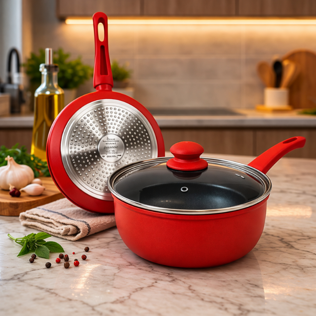 Panela Antiaderente Cerâmica Vermelha 20cm Tampa Vidro Cabo Silicone Não Gruda Fogão Indução e Gás