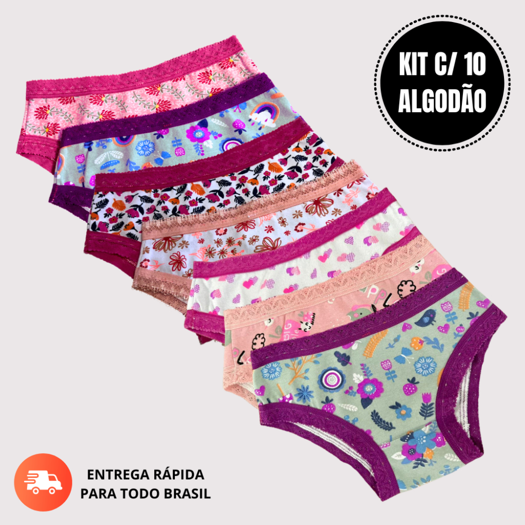 Kit 10 Calcinha Infantil Rendinha Algodão Menina Moça Estampada Confortável Dia a Dia