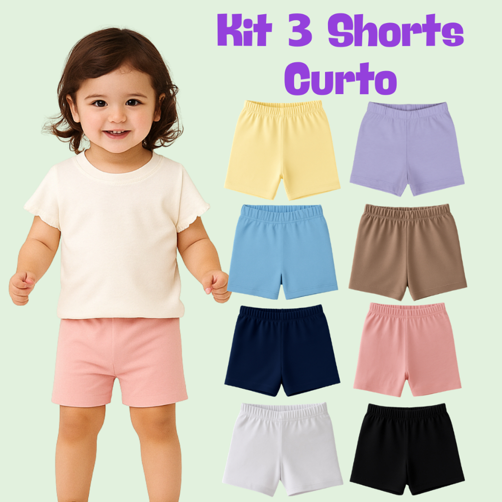 Kit 3 Shorts Curto Cotton Infantil Menina Ideal Para Saias Vestidos Tamanho 1 ao 16