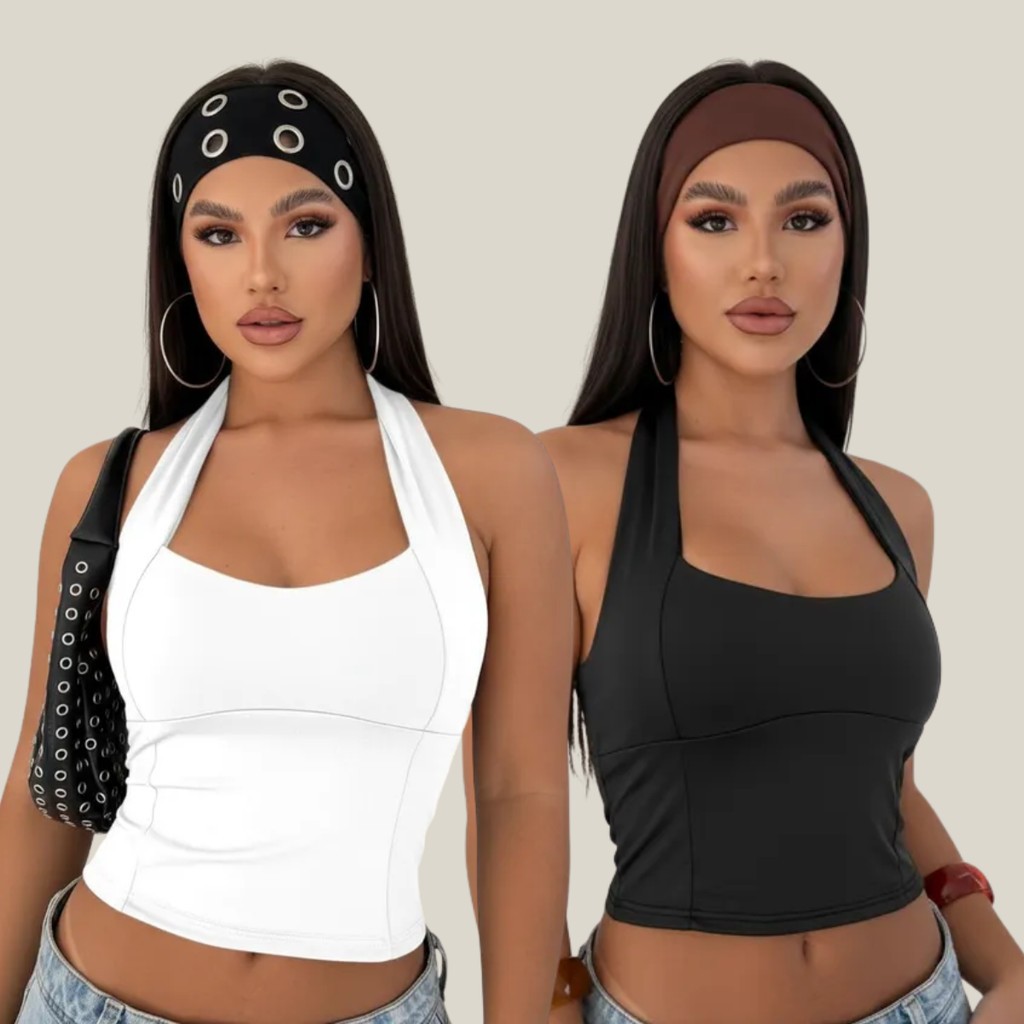 KIT 2 BLUSAS FEMININA TOP HALTER CROPPED AJUSTADO FRENTE ÚNICA COSTA NUA CASUAL MODA VERÃO em Oferta na Shopee