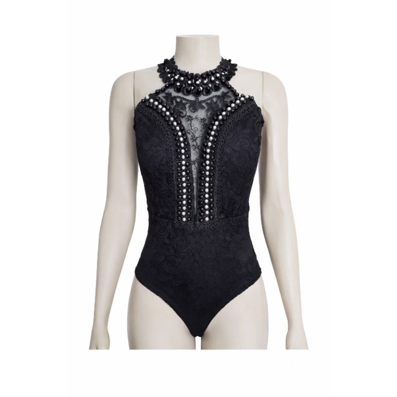 Body Preto Renda Pedraria Tule Bordado com Bojo Body Festa Elegante Tam M
