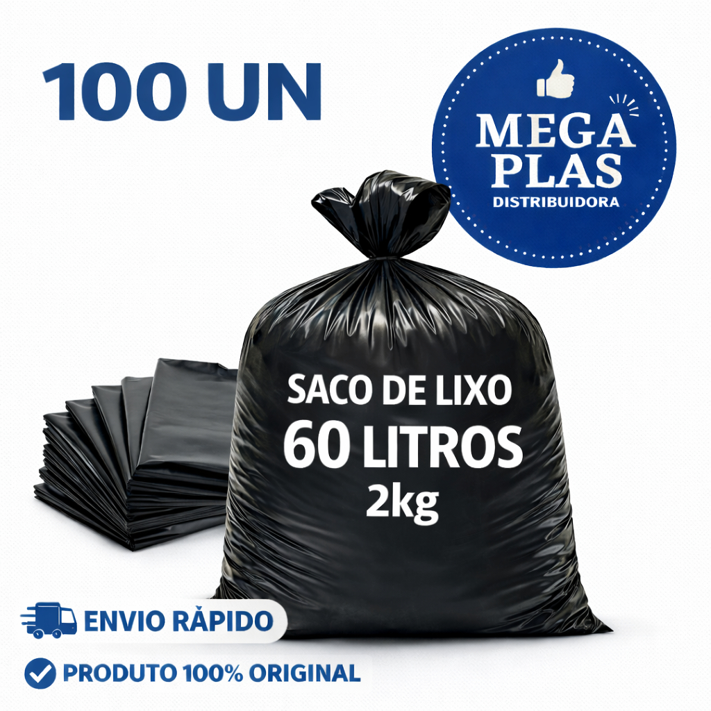 Saco para Lixo Preto Premium 60 Litros Reforçado 2kg Pacote com 100 Unidades Alta Resistência