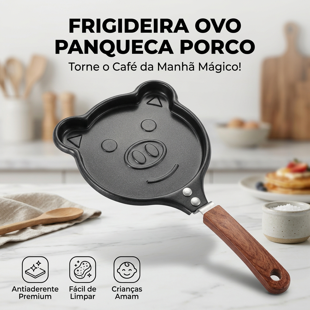 Frigideira Panquequeira Divertida Porquinho Antiaderente Cerâmica 26cm Omeleteira Criativa Café da Manhã Infantil