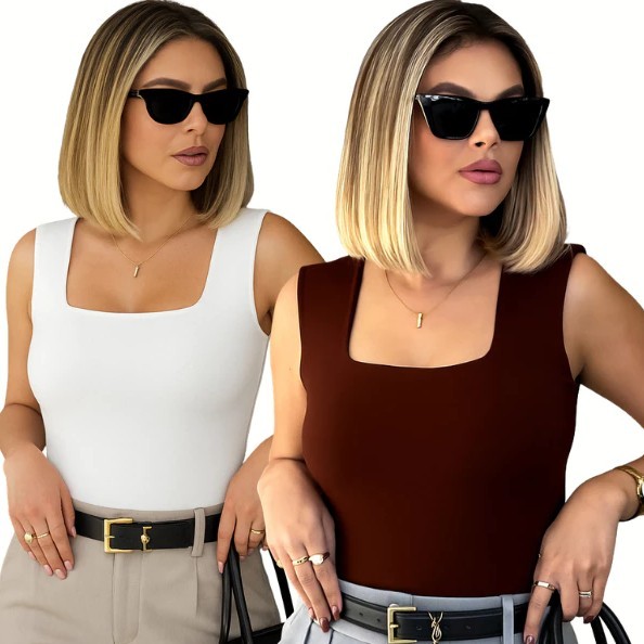 kit 2 Blusa Regata Decote Quadrado Básica Feminina Moda feminina Blusinha Verão Top Envio em 24H