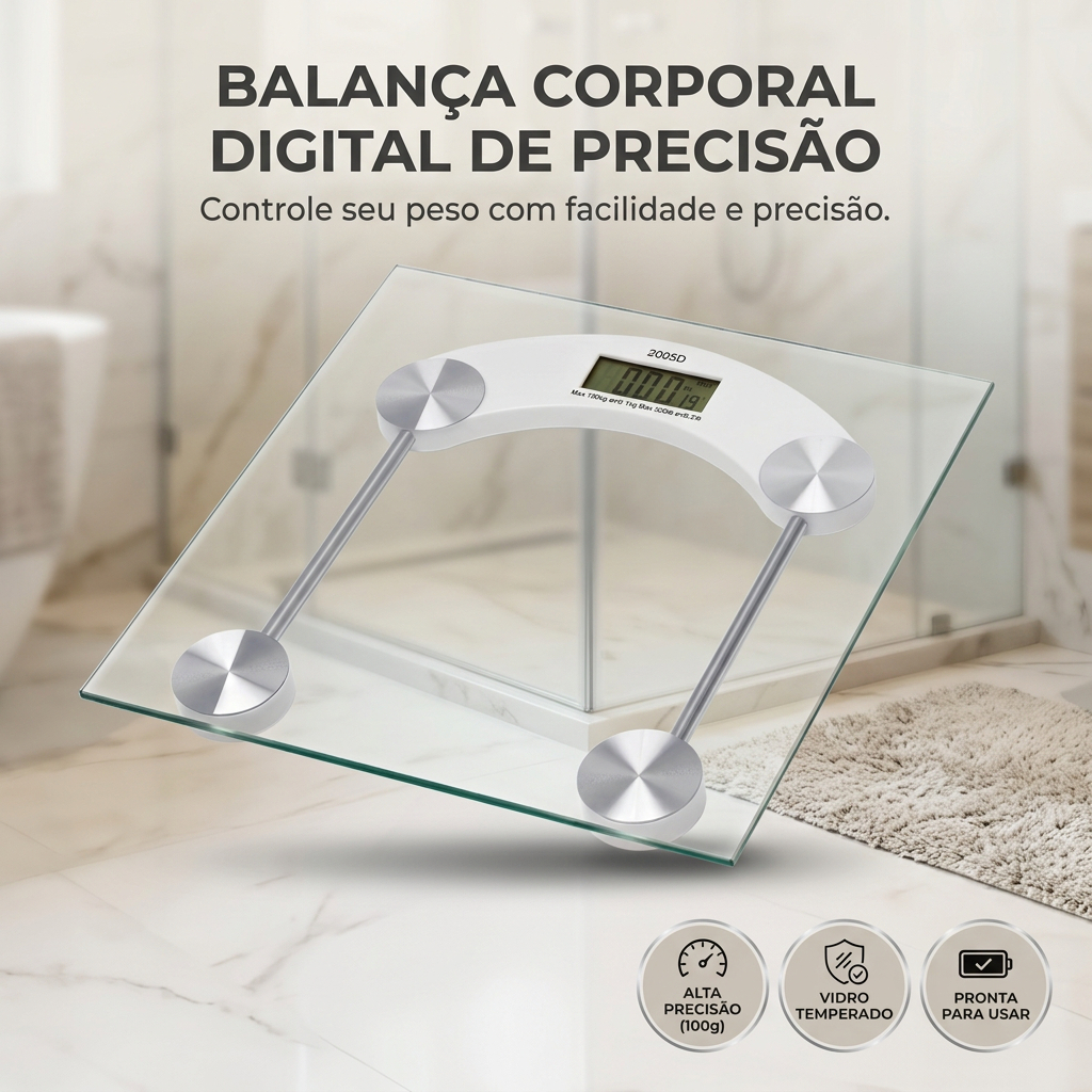 Balança Digital De Banheiro Vidro Temperado 180kg Alta Precisão Monitoramento Corporal Profissional + Bateria