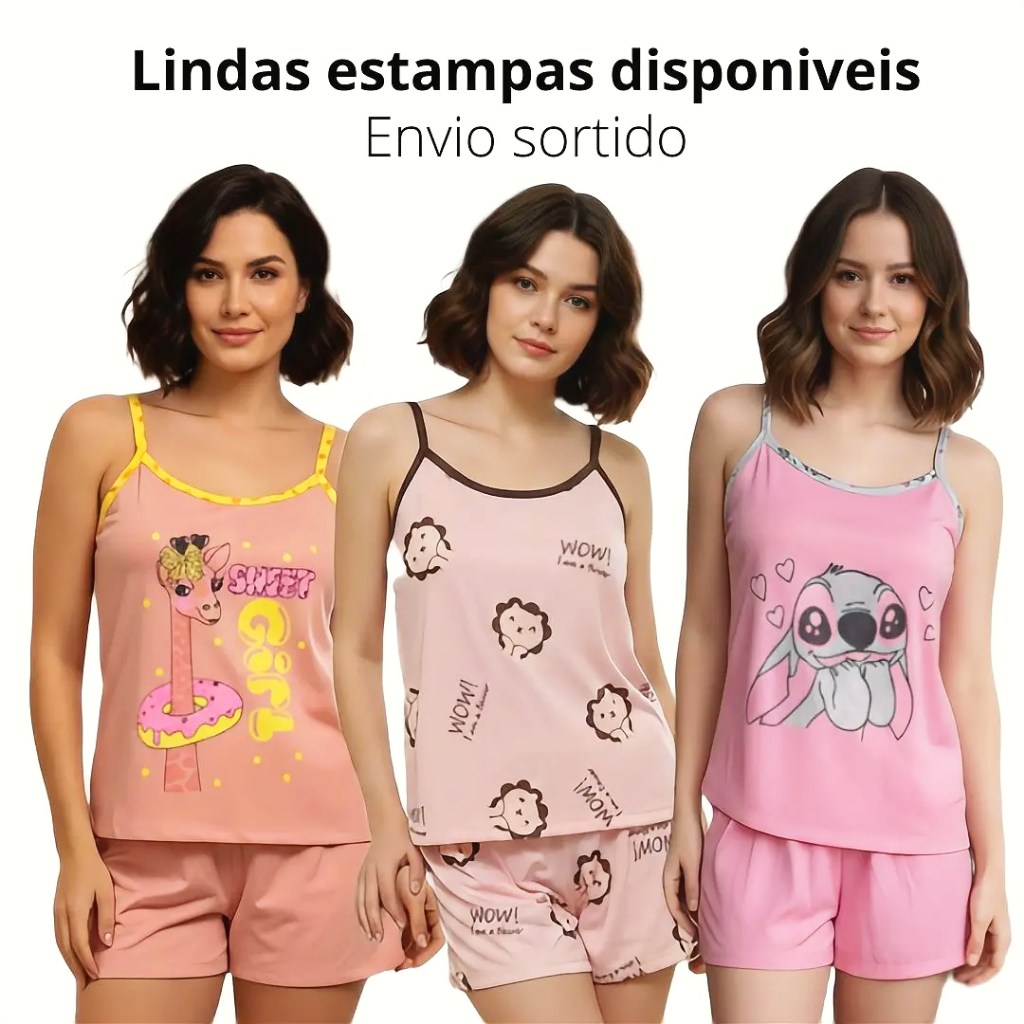 Pijama Feminino Short Doll Estampado Confortável P ao GG Adulto Verão Leve Barato Promoção Ref Luana