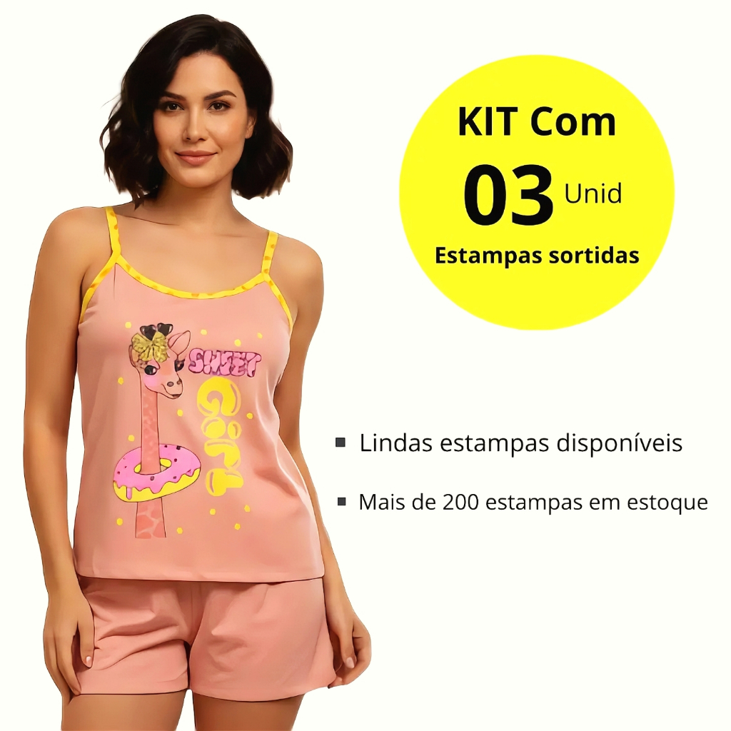 Pijama Adulto Feminino Malha Kit 03 Short Doll Estampas Sortidas P ao GG Fresquinho Leve Ref Luana