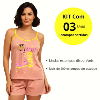 Pijama Adulto Feminino Malha Kit 03 Short Doll Estampas Sortidas P ao GG Ref Luana