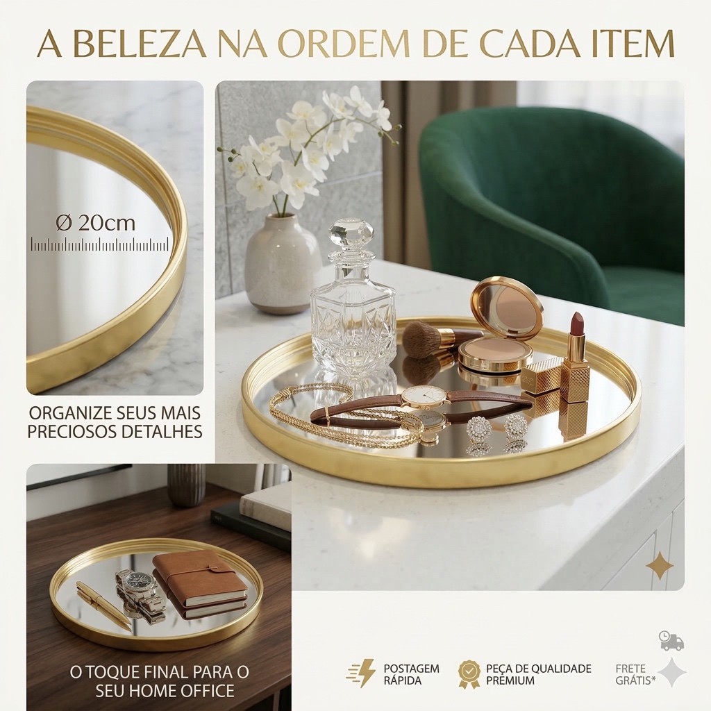 Bandeja Decorativa Dourada Com Espelho Redonda 20cm Perfumes Maquiagem Lavabo Banheiro Sala e Quarto