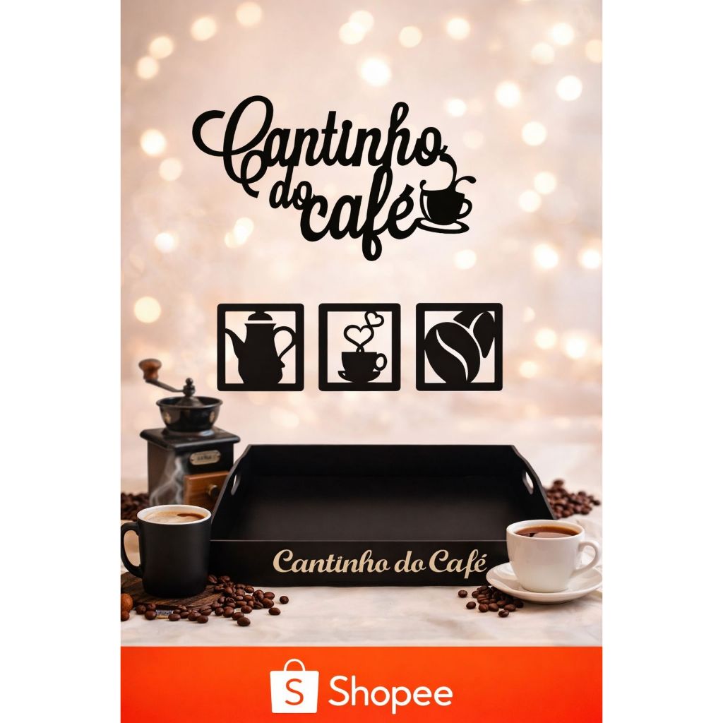 Kit Bandeja 4 MM Lisa E Apliques Cantinho do Café c/ Corações em MDF Preto em Oferta na Shopee