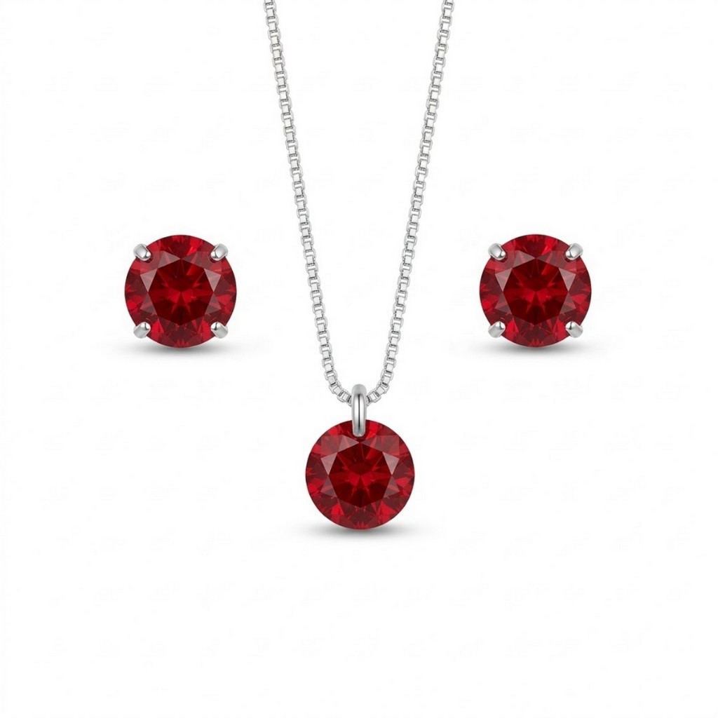 Conjunto Colar e Brincos Ponto de Luz Vermelho em Prata 925
