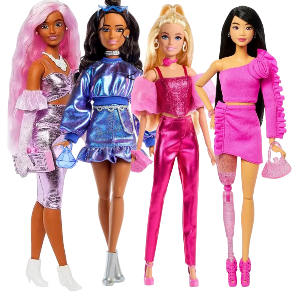 Barbie Deluxe com Roupas Metálicas Loira, Morena, Cabelo Rosa e Morena Perna Protética - Mattel