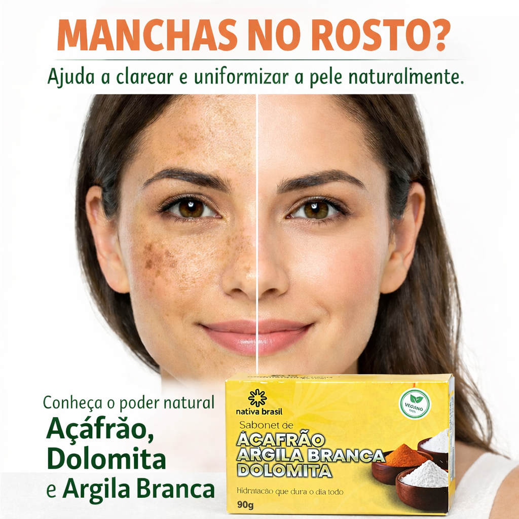 Sabonete clareador natural açafrão dolomita e argila branca para manchas no rosto e corpo