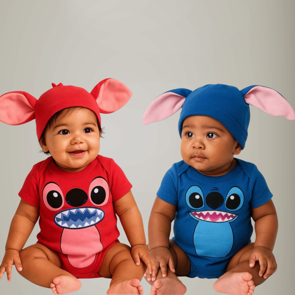 Body Infantil Stitch e Angel com Touca Roupa de Criança Mêsversário Desenho Animado Temático